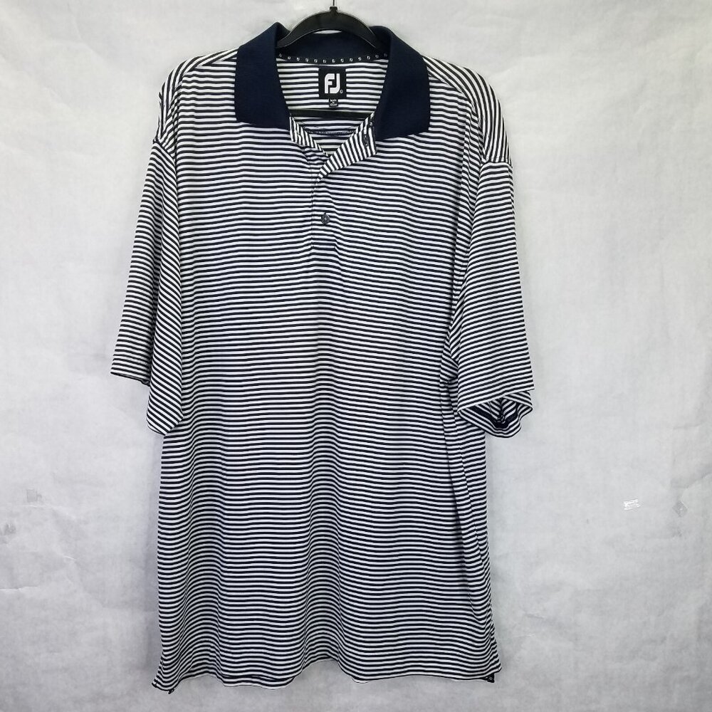 FootJoy FJ Polo Shirt Men's L Blue White Stripes Short Sleeves Stretch Top Golf
